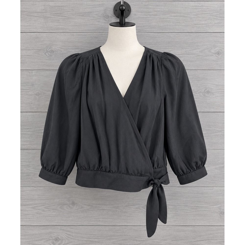 Madewell Silk Wrap Top XXS Black V-Neck Side Tie 3/4 Sleeve Blouse